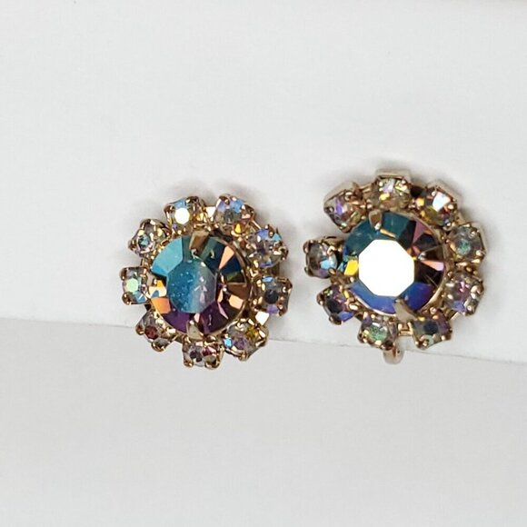 Vintage Aurora Borealis Rhinestone Screw Back Earrings Blue Clear Floral 5/8" - Picture 3 of 5
